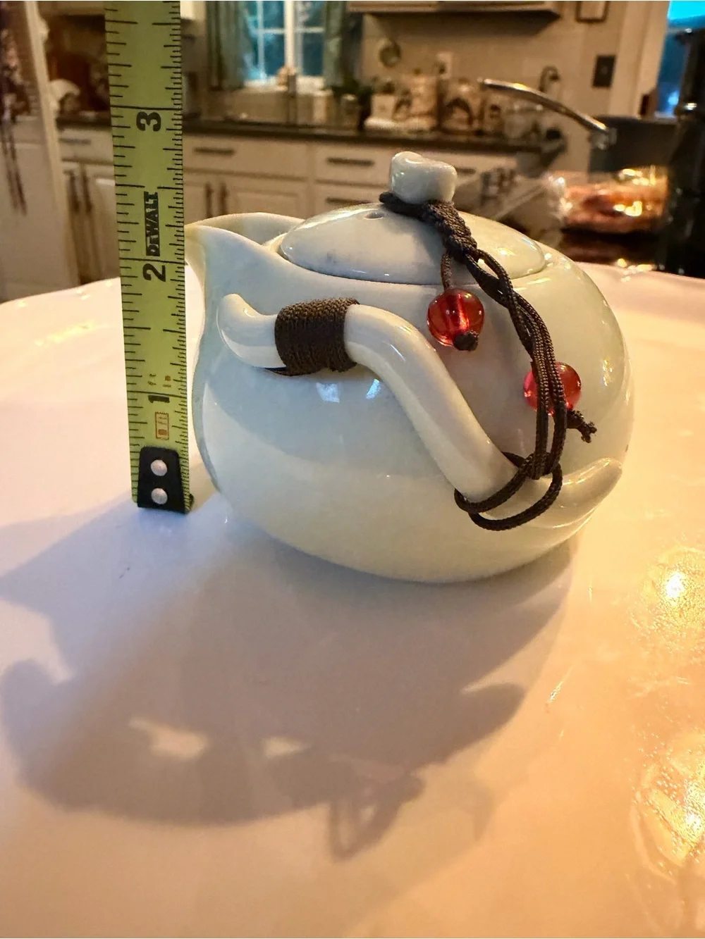 Ceramic Pale Green Mini Teapot with Integrates Strainer,Brown Cord and Red Beads
